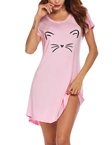 Ekouaer Damen Nachthemd Baumwolle Kurzarm Fun Nachtwäsche Negligees Schlafhemd T-Shirt Sleepshirt Wimper rosa XXL von Ekouaer