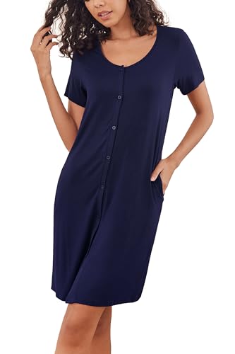 Ekouaer Nachthemd für Damen V Ausschnitt Nachthemden Kurzarm Nachtkleid mit Knopfleiste Lockere Loungewear, Marineblau, S von Ekouaer