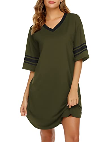 Ekouaer Damen Nachthemd Baumwolle Neuheit Sleepshirts V Ausschnitt Kurzarm Sleepshirt Locker Bequem Pyjama Nachtwäsche S-XXL, A_army Green, X-Large von Ekouaer