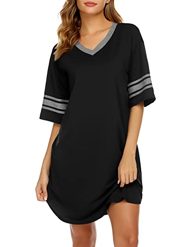 Ekouaer Damen Nachthemd Baumwolle Neuheit Sleepshirts V Ausschnitt Kurzarm Sleepshirt Lose Bequem Pyjama Nachtwäsche S-XXL - Schwarz - X-Large von Ekouaer