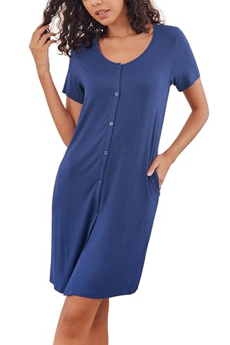 Ekouaer Nachthemd Damen Kurz Kurzarm Nachtkleid Lockere Sleepshirt Sommer Loungewear mit Taschen, Blau, M von Ekouaer