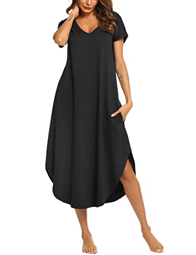 Ekouaer Damen Nachthemd Kurzarm Baumwolle Schlafshirt Damen Nachtkleid Sommer Sleepshirt Hauskleid Lose Sleepwear Bequeme Schlafhemd，Schwarz，M von Ekouaer