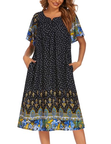 Ekouaer Damen Nachthemd Kurzarm Hauskleid mit Taschen, Blumendruck, Mumu Kleid S-XXXL, Schwarz, X-Large von Ekouaer