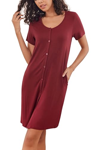 Ekouaer Negligee Damen Nachthemden Knopfleiste Kurzarm Schlafshirt Lockere Sleepshirt mit Taschen, Burgunderrot, XXL von Ekouaer