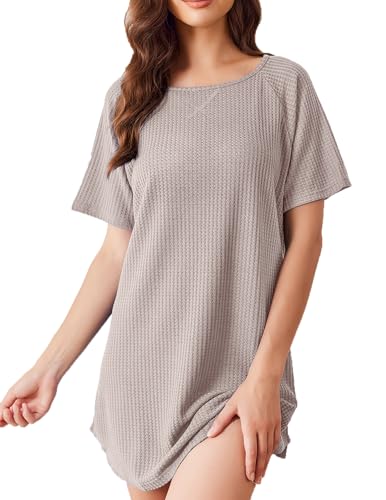 Ekouaer Nachthemd Damen Knielang Kurzarm Nachtkleid Waffelstrick Loungewear Bequeme Schlafhemd, Curry, L von Ekouaer