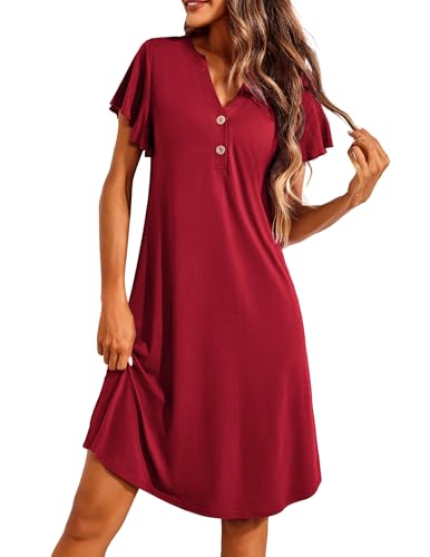 Ekouaer Damen Nachthemd Kurzarm Schlafshirt V-Ausschcnitt Nachtkleid Freizeitkleid Sleepwear mit Knöpfe,XXL,Weinrot von Ekouaer