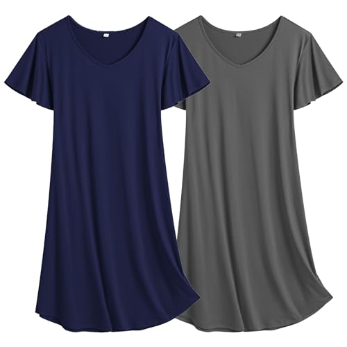 Ekouaer Damen Nachthemd Kurzarm Zweiteiliger Sleepshirt lustig Nachtwäsche Navy + Grau L von Ekouaer