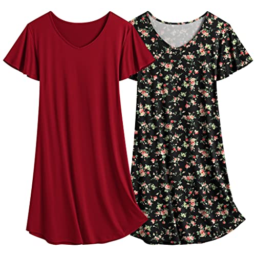 Ekouaer Damen Nachthemd Kurzarm Zweiteiliger Sleepshirt lustig Nachtwäsche weinrot + Blumen L von Ekouaer