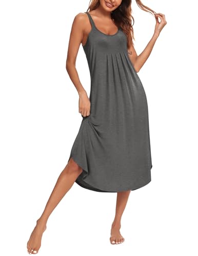 Ekouaer Damen Nachthemd Lang Ärmellos Nachtwäsche Sexy Loose Fit Full Slips Negligee Sleepshirt Soft Jersey Dessous Grau L von Ekouaer