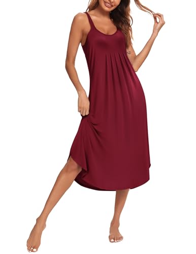 Ekouaer Damen Nachthemd Lang Ärmellos Nachtwäsche Sexy Loose Fit Full Slips Negligee Sleepshirt Soft Jersey Dessous Rot L von Ekouaer