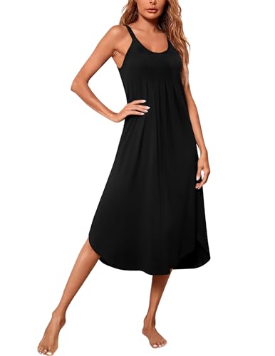 Ekouaer Damen Nachthemd Lang Sleepshirt Ärmellos Nachtkleid Sommer Schlafhemd Sexy Nachtwäsche mit Träger Schwarz S von Ekouaer