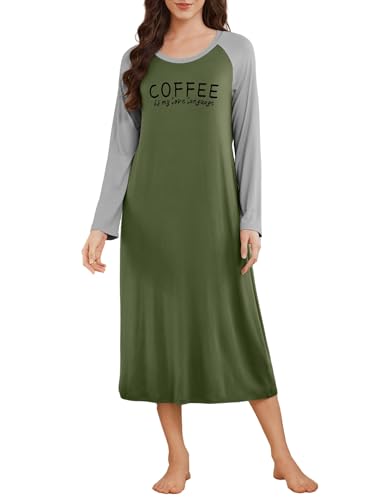 Ekouaer Damen Nachthemd Langarm Nachtkleid Damen Lang Nachtwäsche, Grün, M von Ekouaer