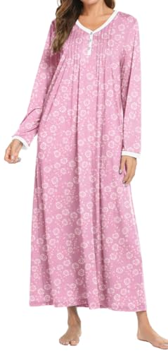 Ekouaer Damen Nachthemd Langarm Print Schlafshirt Winter Lang Nachtwäsche Sleepshirt Knopfleiste Nachtwäsche,rosa Farbe,L von Ekouaer
