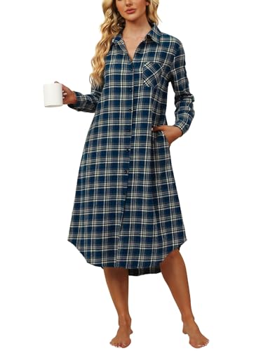 Ekouaer Button-Down Nachthemd Lang Locker Warm Baumwolle Blusenkleid Frauen blau Plaid M von Ekouaer