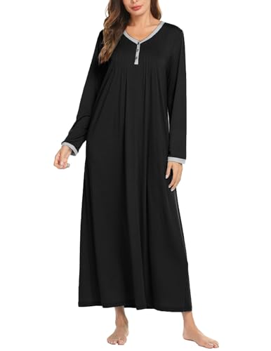 Ekouaer Damen Nachthemd Lange Ärmel Schlafshirt Damen Nachtkleid Winter Sleepshirt Hauskleid Lose Sleepwear Bequeme Schlafhemd，Schwarz，M von Ekouaer