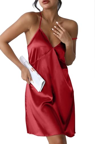 Ekouaer Damen Nachthemd Leicht Kurz Negligee Babydoll Sexy Satin Unterkleid mit Spaghettiträger V Ausschnitt Nachtkleid, Weinrot, S von Ekouaer