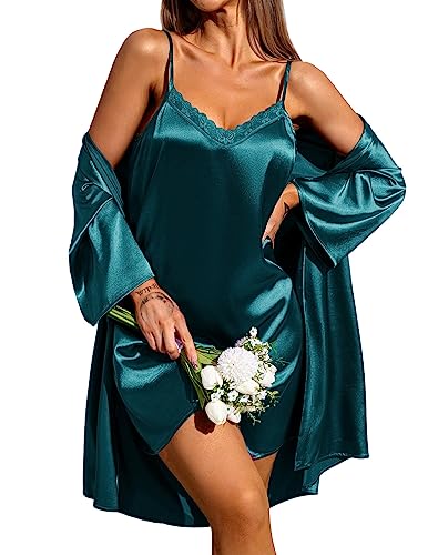 Ekouaer Damen Nachthemd Satin Ärmellos Sleepshirt und Morgenmantel Zweiteiliger Sleepwear Schlafanzug Set Grün L von Ekouaer