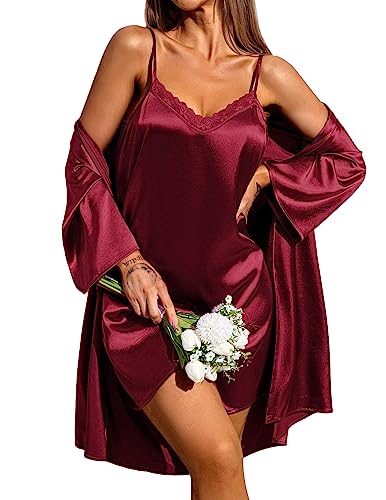 Ekouaer Damen Nachthemd Satin Ärmellos Sleepshirt und Morgenmantel Zweiteiliger Sleepwear Schlafanzug Set Rot L von Ekouaer