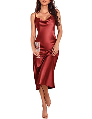 Ekouaer Damen Nachthemd Satin Spagetti Träger Wasserfallkragen Elegant Slip Schlafkleid Seide Cami Nachthemd Seide Nachtwäsche, Burgunder, Medium von Ekouaer