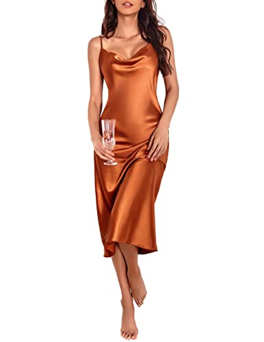 Ekouaer Damen Nachthemd Satin Spagetti Träger Wasserfallkragen Elegant Slip Schlafkleid Seide Cami Nachthemd Seide Nachtwäsche, Rostbraun, Medium von Ekouaer