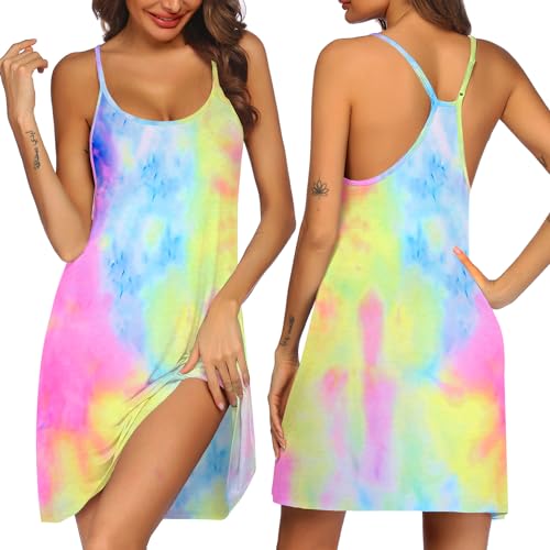 Ekouaer Damen Nachthemd Schlaf Tank Kleid Racerback Nachtwäsche Chemise Verstellbarer Träger Blumen Sommer Cami Kleid S-XXL, Batik, Small von Ekouaer