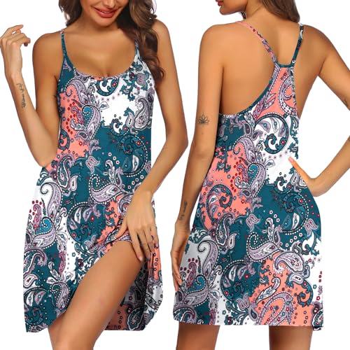 Ekouaer Damen Nachthemd Schlaf Tank Kleid Racerback Nachtwäsche Chemise Verstellbarer Träger Blumen Sommer Cami Kleid S-XXL, Dunkelgrün, ethnisch, Small von Ekouaer