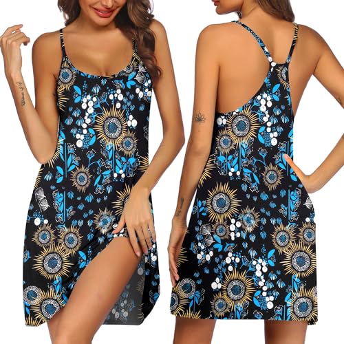 Ekouaer Damen Nachthemd Schlaf Tank Kleid Racerback Nachtwäsche Chemise Verstellbarer Träger Blumen Sommer Cami Kleid S-XXL, Schwarze Pflanze, Small von Ekouaer