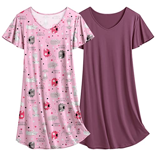 Ekouaer Damen Nachthemd Sommer Nachtkleid Kurzarm 2er Pack Sleepshirt Teenager Kätzchen + lila S von Ekouaer