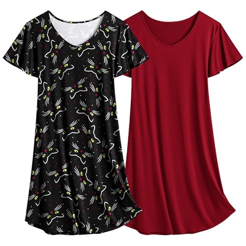 Ekouaer Damen Nachthemd Sommer Nachtkleid Kurzarm Zweiteiliger Sleepshirt Teenager Katze + Weinrot S von Ekouaer