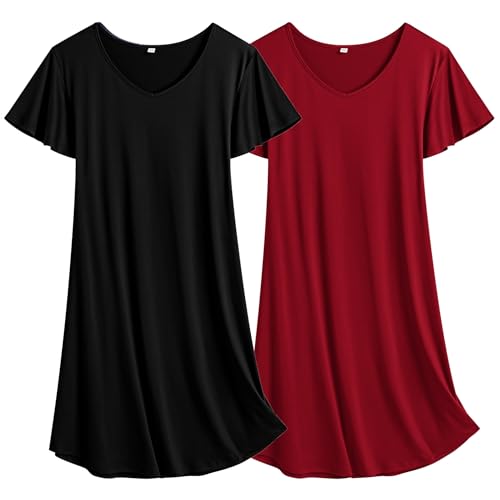 Ekouaer Damen Nachthemd Sommer Nachtkleid Kurzarm Zweiteiliger Sleepshirt Teenager Rot + Schwarz S von Ekouaer