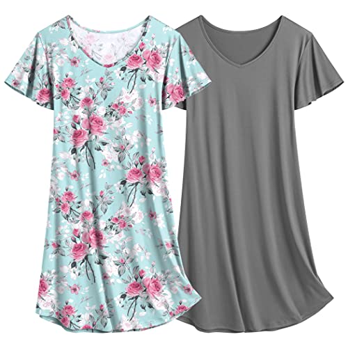 Ekouaer Damen Nachthemd Sommer Nachtkleid Kurzarm Zweiteiliger Sleepshirt Teenager grau + Rosendruck S von Ekouaer