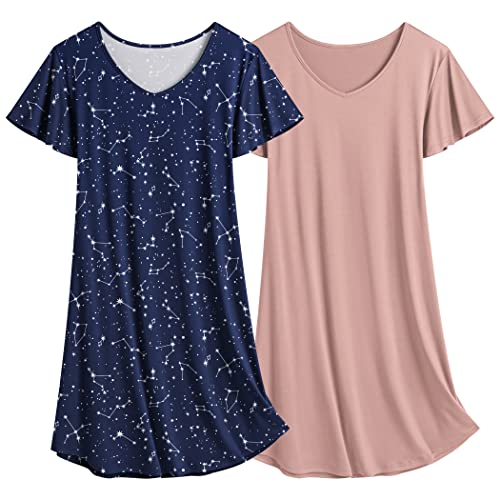 Ekouaer Damen Nachthemd Sommer Nachtkleid Kurzarm Zweiteiliger Sleepshirt Teenager rosa + Navy Stern S von Ekouaer