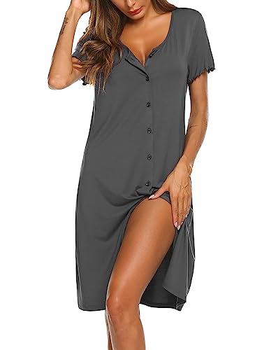 Ekouaer Damen Nachthemd Sommer Sleepshirt Kurzarm Schlafshirt Kurz Nachtwäsche Knopfleiste Dunkelgrau M von Ekouaer