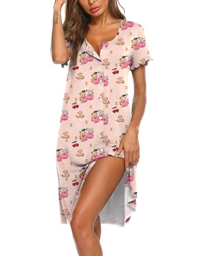Ekouaer Damen Nachthemd Sommer Sleepshirt Kurzarm Schlafshirt Kurz Nachtwäsche Knopfleiste Teddybär L von Ekouaer