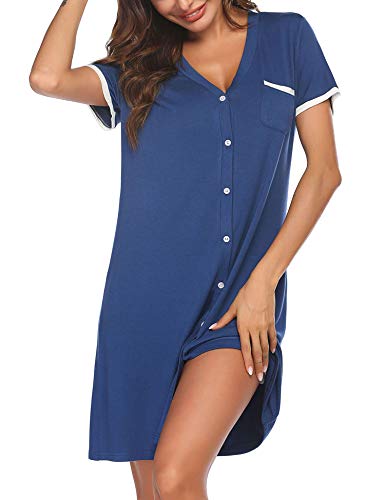 Ekouaer Damen Nachthemd Sommer Sleepshirt Kurzarm Schlafshirt Kurz Nachtwäsche Knopfleiste blau XL von Ekouaer