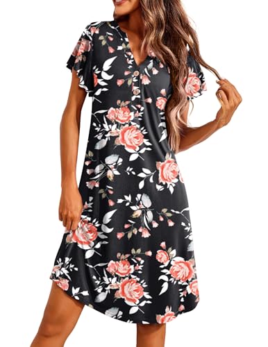 Ekouaer Damen Nachthemd V-Ausschcnitt Nachtkleid Kurzarm Nachtwäsche Soft Sleepshirt Weich Umstandskleid Stillnachthemd,S,Schwarzer Hintergrund mit Roten Blumen von Ekouaer