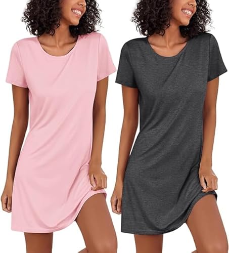 Ekouaer Damen Nachthemd Kurzarm 2er Set Schlaf Tshirt Sommer Nachtshirt Kurz Nachthemden für Damen, Rosa+Grau, XL von Ekouaer