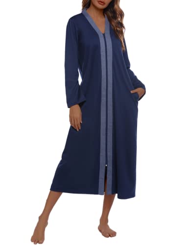 Ekouaer Damen Nachthemd mit Reißverschluss, langärmelig, Loungewear, leicht, Hausmantel, volle Länge, mit Taschen, marineblau, Large von Ekouaer