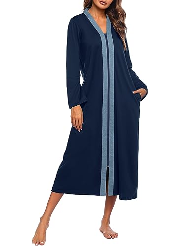 Ekouaer Damen Nachthemd mit Reißverschluss, langärmelig, Loungewear, leicht, Hausmantel, volle Länge, mit Taschen, marineblau, Medium von Ekouaer