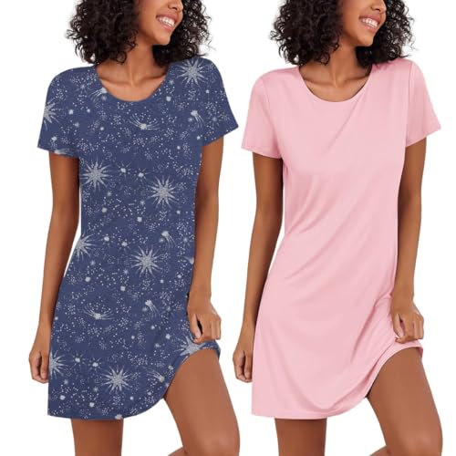 Ekouaer Damen Nachthemden Zweiteiliger Floral Sleepshirt Kurzarm Nachtwäsche Schlafhemd Sommer Nachtkleid Kurz Negligees 2er Pack, Rosa+Blau, XL von Ekouaer