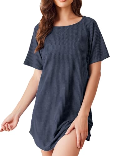 Ekouaer Nachthemd Damen Kurz Einfarbig Kurzarm Nachtwäsche Rundhals Freizeitkleid Schlafhemd, Dunkelblau, XL von Ekouaer