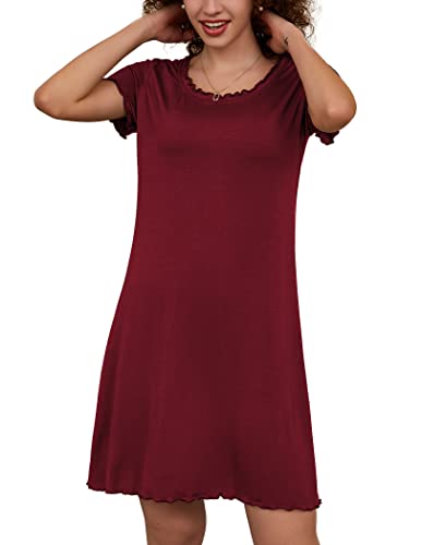 Ekouaer Nachthemden Damen Baumwolle Schlafshirt Kurzarm Nachtwäsche Negligees Schlafhemd T-Shirt Sleepshirt, A-Rotwein, XL von Ekouaer