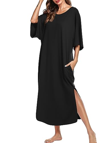 Ekouaer Damen Nightgown, Rundhalsausschnitt/V-Ausschnitt Lounge Maxi-Pyjama lose Taschen Lange Schlaf-Kleid X-Large A_Schwarz von Ekouaer