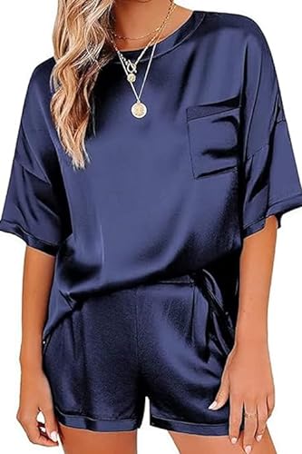 Ekouaer Damen Pyjama Kurz Satin Schlafanzug Damen Tops Satin Schlafshorts Sleepwear PJ Set Zweiteiliges Schlafset Loungewear mit Tasche,Blau,XL von Ekouaer