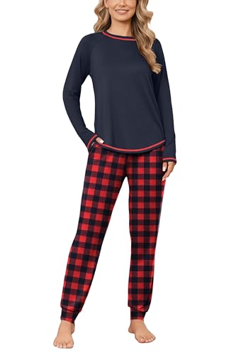 Ekouaer Damen Pyjama Lang Weich Schlafanzug Kuschelig Zweiteiliger Sleepwear Karierte Winter Jogginganzug Schwarzrot XXL von Ekouaer