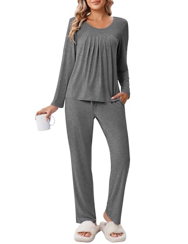 Ekouaer Schlafanzug Damen Winter Kuschelig Pyjama Set Lang Langarm Nachtwäsche Warm Hausanzug, Grau, XL von Ekouaer