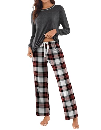 Ekouaer Damen Pyjama Schlafanzug Damen Lang Kuschelig Winter Warm Pyjama Set Kariert Pyjamahose, Dunkelgrau, XXL von Ekouaer