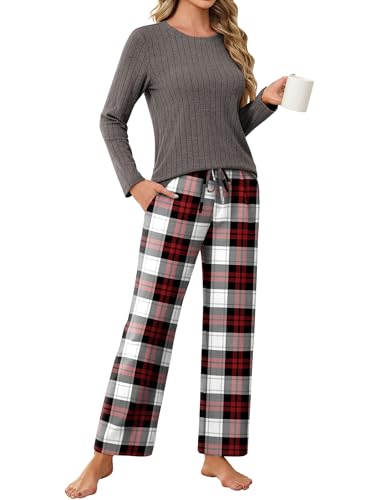 Ekouaer Damen Pyjama Schlafanzug Damen Lang Kuschelig Winter Warm Pyjama Set Kariert Pyjamahose, Dunkelgrau, XXL von Ekouaer