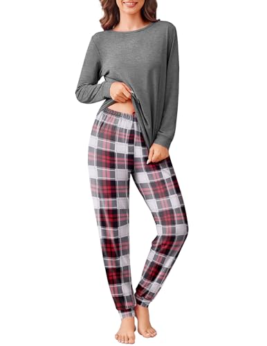 Ekouaer Damen Pyjama Schlafanzug Damen Lang Kuschelig Winter Warm Pyjama Set Kariert Pyjamahose mit Bündchen, Grau, XXL von Ekouaer