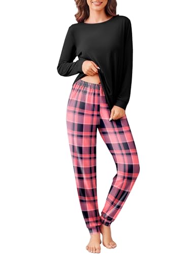 Ekouaer Damen Pyjama Schlafanzug Damen Lang Kuschelig Winter Warm Pyjama Set Kariert Pyjamahose mit Bündchen, Rosa, XXL von Ekouaer